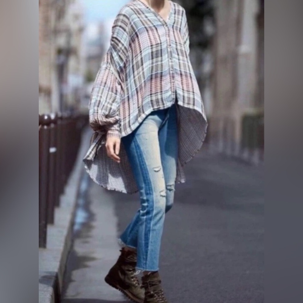 Free People Come On Over Plaid Oversized Button-Front Long Sleeve, Size Medium